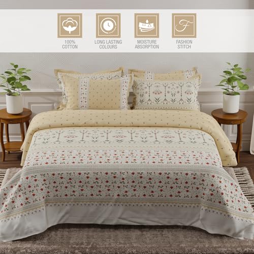 Image of BOUTIQUE LIVING Platinum Pulse 100% Cotton 800 TC Beige Digital Meenakari Print King Bedsheet with 4 Pillow Covers