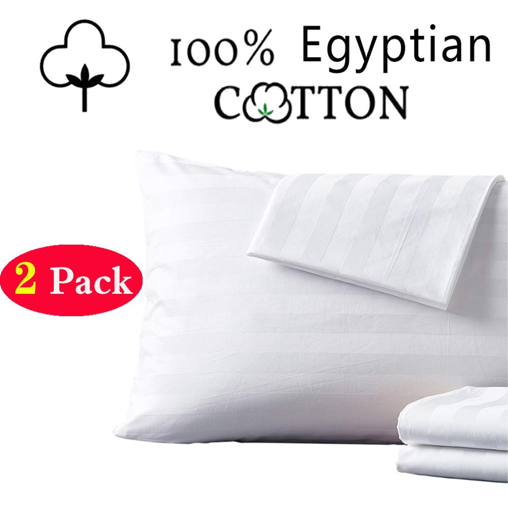 100% Egyptian Cotton Standard Pillow Protectors Set of 2, 400 Thread Count Sateen Weave Cooling Pillowcase, Easy Care Zippered Style Pillow Covers (Stripe-White, Standard)