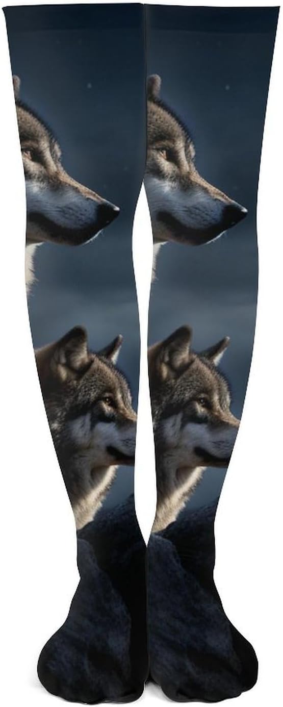 Wolves In The Moonlight Knee High Stockings for Women 23.6" Breathable Thigh High Stockings Over The Knee Socks
