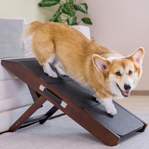 Hundetreppe für Bett & Sofa 2-in-1 Rampe - höhenverstellbare Hunderampe für Couch 18-50cm - leicht zu bewegen Haustiertreppe mit Absatzplattform, Walnuss