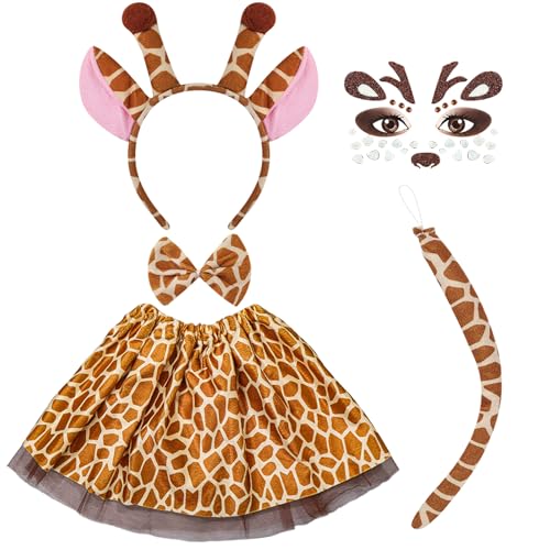 5 Stück Giraffenkostüm für Kinder, Beinhaltet Giraffenohr Haarreifen, Fliegen, Tierohren-Schwänze, Stirnbänder & Gesichtsaufkleber Niedliches Tierkostüm für Halloween, Cosplay-Accessoire, Kostümparty