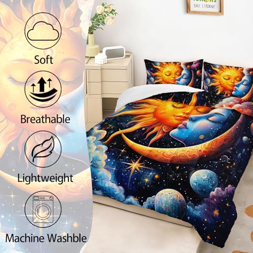 Image of AILONEN Sun and Moon Comforter Set Full Size, Magic Clouds Space Planet Starry Bedding Set,3Pcs Soft Microfiber Duvet with 2 Pillowcases
