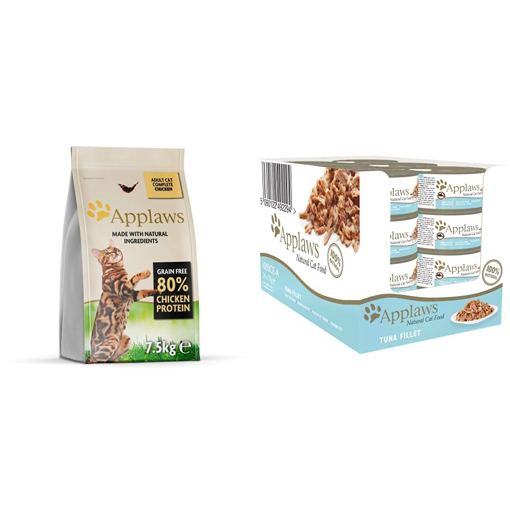Applaws - Croquettes pour Chat - Poulet - 1 x 7,5 kg & Douille de Thon Filet pour Chat 24 x 70 g