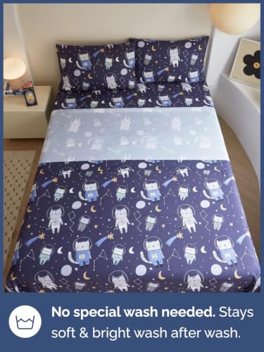 Image of Kids Full Size Cat Bed Sheets - 4 Piece Kids Cat Sheet Set - Galaxy Astronaut Bedding - Ultra-Soft, Cute & Cozy - Breathable & Machine Washable - Wonderful Bed Set for Boys, Girls, Teens & Toddlers