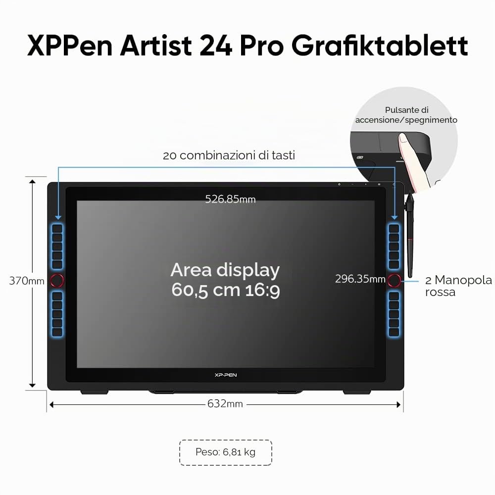 XP-PEN Artist 24 Pro - Tablet Graphqiue a schermo 2K QHD da 23,8", pennino passivo 8192 livelli, connessione USB-C – compatibile con Windows/Mac/Android