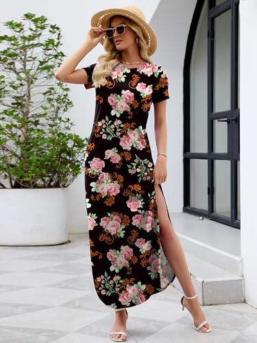 Image of Heymoments Womens Summer Maxi Dress Short Sleeve Casual Loose Long T Shirt Split Vacation Beach Sundress with Pockets
