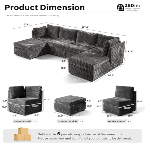 Image of ovios Modular Sectional Sofa Couch with U-Shape Chaise Ottomans, Comfy Plush Corduroy Cloud Couches, Modern Luxury Deep Seat Sofas Set for Living Room, 6-Seater, Grey
