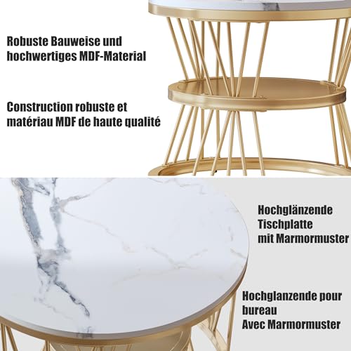 Mutuolux 2 Stück Couchtische, rund, modern, mit Marmor, glänzend, für Wohnzimmer, Empfangsraum, Balkon und Büro, Struktur aus Metall, einzigartige Form, Gold und Weiß – Bild 4
