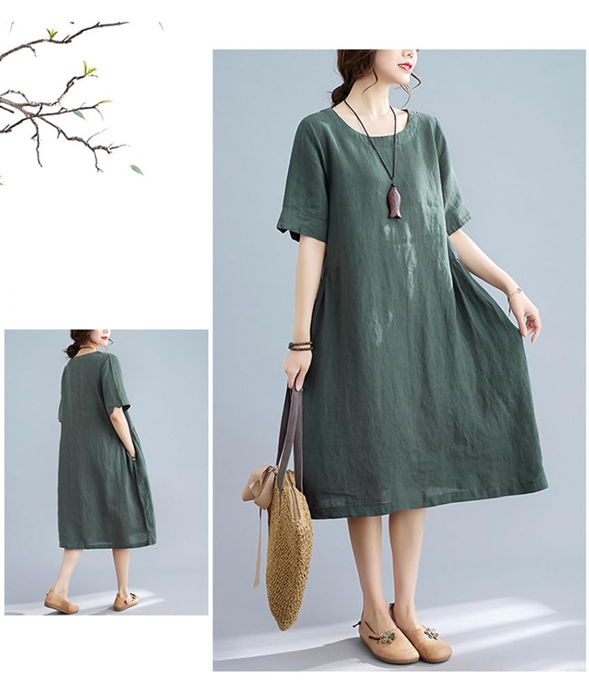 Giapponese Semplice Cotone Lino Donne Vestito Girocollo Allentato A-Line Orlo Gonna per Regalo Mamma