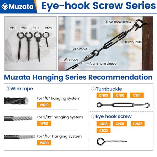 Image of Muzata 20 Pack Black Eye Hooks Screw 3.3 Inch Stainless Steel Eye Screws for Wood M6 Heavy Duty Eyelet Eyehook Securing Cables Wire Self Tapping Indoor Outdoor CR18