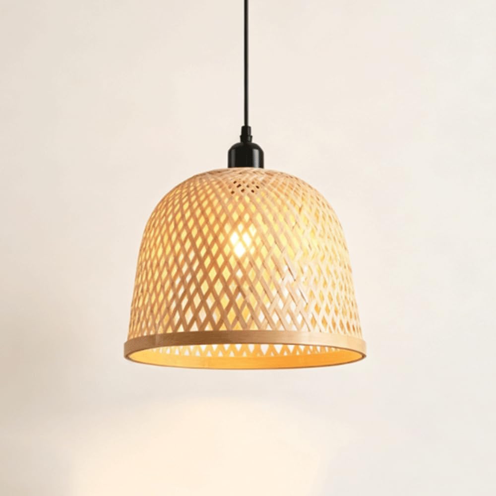 YNAHZAOK Wabi Sabi Wind Pendant Lamp Retro Home Lighting Pendant Light 11in Hand-Woven Bamboo Weaving Pendant Lighting Adjustable Hanging Cord for Kitchen Island Dining Room Bedroom Living Room
