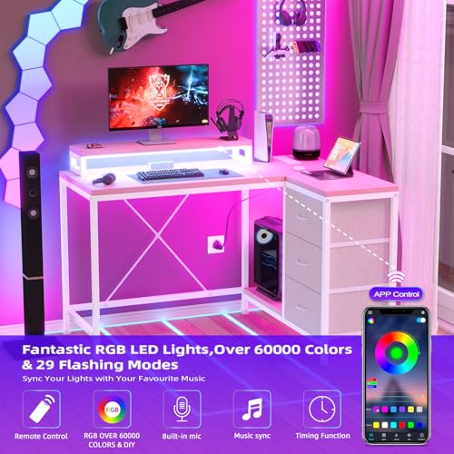 Image of Hetoy L-Shaped Gaming Desk with Power Outlets, Corner Desk with Drawers, Shelves & LED Lights, Computer Desk for Home & Office