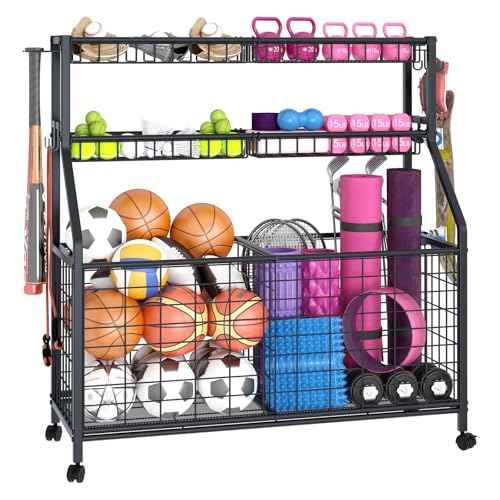 Ball Storage Rack Large Sports Equipment Organizer Cart For Garage,Home Gym Multifunctional Sports Gear Storage For Indoor Or Outdoor, Ball Rack For Basketball,Baseball, Football, Toys