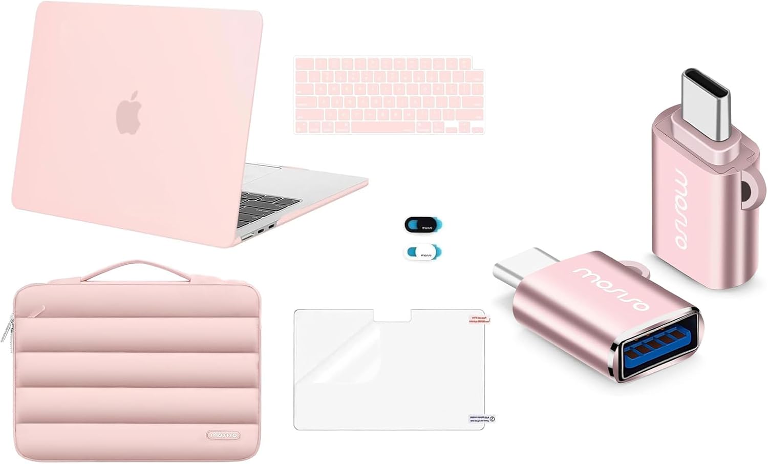 MOSISO USB C to USB Adapter 2 Pack&Compatible with MacBook Air 13 inch Case 2025-2022 M4 M3 M2 A3240 A3113 A2681, Hard Case&Puffy Bag&Keyboard Cover&Webcam Cover&Screen Film, Pink&Rose Gold