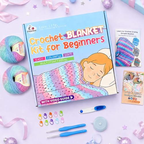 Image of Aeelike Blanket Crochet Kit for Beginners, Super Easy Crochet Blanket Kit with Soft & Colorful Gradient Yarns Detailed Video Tutorials Accessories, Ideal Gift for Crocheter & Aurora Purple Gradient