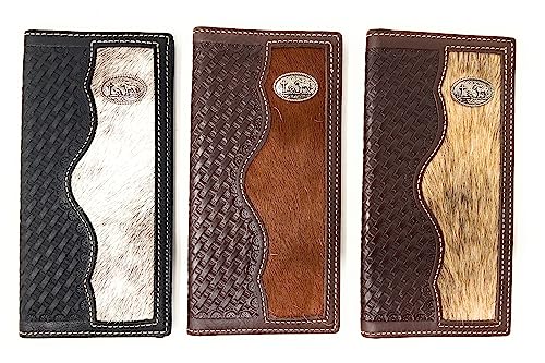 Western Basketweave Genuine Leather Cowhide Cow fur Praying Cowboy Men's Long Bifold Wallet in 3 colors (Coffee)4