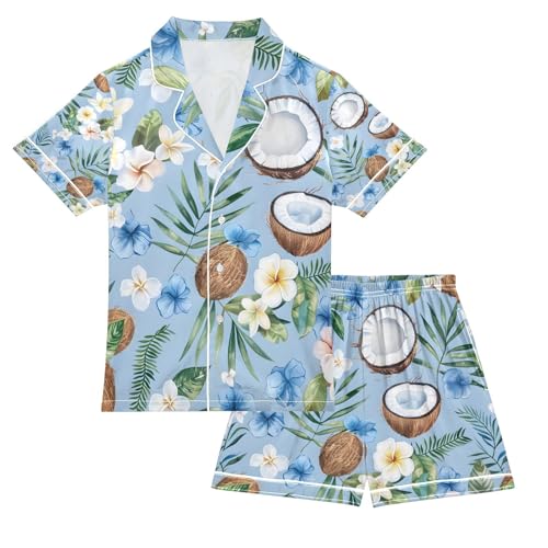 senya Coconut Fruit Tropical Flowers Satin Summer Pajama Sets Silk Short Sleeve Button Down Sleepwear