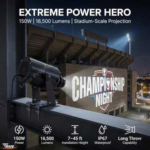 Image of TONZO 150W LED Logo Projector Light, 16500 Lumens, 7-45ft Range, 1 Custom Lens, IP67 Waterproof Outdoor GOBO Projector with Remote, Static & Rotating Signage Light for Shop Event Business Storefront