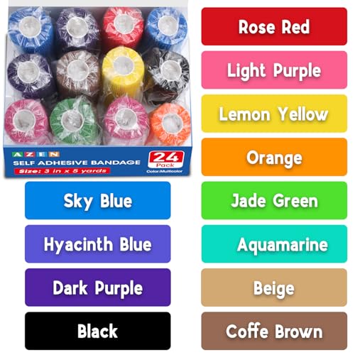 Image of AZEN 24 Pack Self Adhesive Bandage Wrap, 3 inch X 5 Yards Elastic Cohesive Bandage Wrap, Color Athletic Tape, Vet Wrap, Ankle Tape, Tattoo Grip Tape Wrap