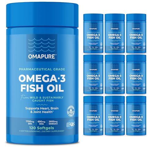 Image of OMAPURE Fish Oil Omega 3 Supplements - Triple Strength - High EPA, DHA - IFOS Lab Tested - Supports Heart & Brain Health - Burpless Capsules - Wild Caught - (10 Bottles - 120 Softgels Per Bottle)