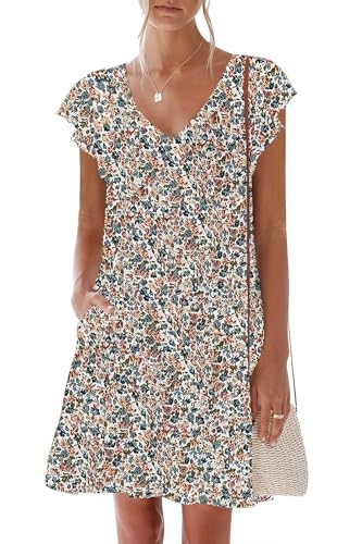 Image of nclook Womens Summer Casual Dresses Sweet Cute V Neck Mini Dress with Pockets Ruffle Short Sleeve