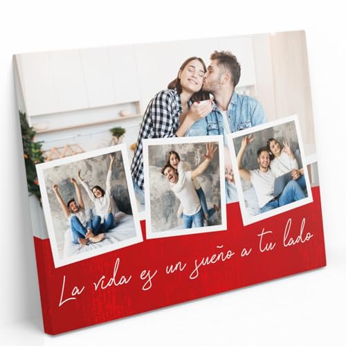 AR Regalos Lienzo Collage Personalizado con Tres Fotos y Frase - Varios Tamaños - Fabricado en Valencia, España (30x21cm)