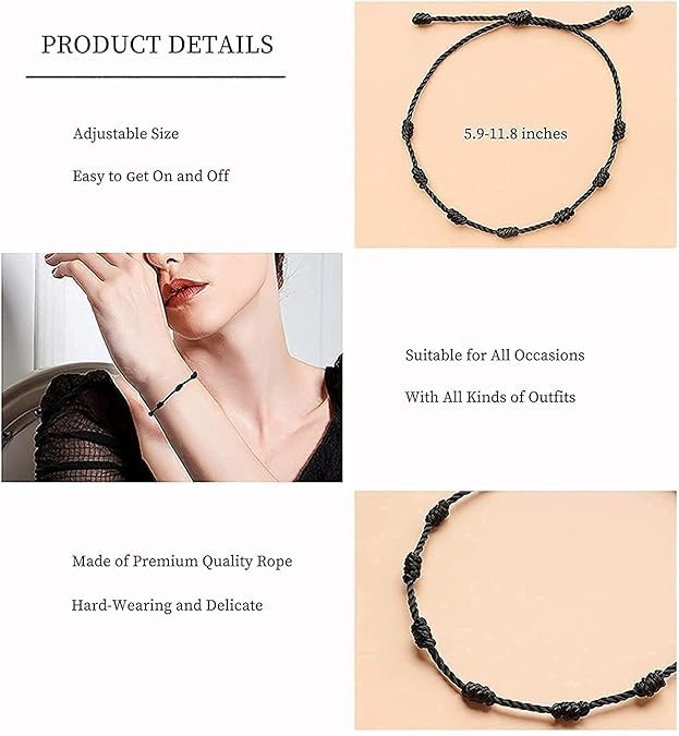 Image of Black Beauty Nazar Dhaga Bracelet With Knotted Beads Rosary Design Avoid Negetive Enegy Adjustable Black Thread Anklet For Evil Eye & Good Luck, Amulet for Success & Prosperity for Men, Women, Girls & Boys