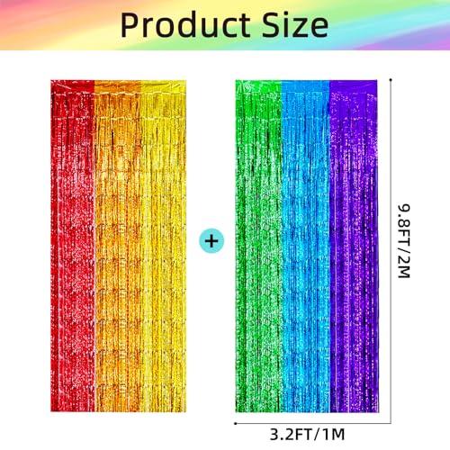 2 Pack 3.2ft x 9.8ft Rainbow Metallic Foil Fringe Curtain, Tinsel Streamers Photo Props Backdrop for Pride Month, LGBTQ Pride Party Favors, Birthday, Wedding, Bridal Shower Decorations