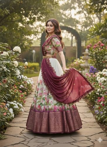 Image of ZITON Women's Indian Traditional Kanjivaram Silk Pure Weaving Lehenga Choli Along With Dupatta And Blouse Piece, Half Saree (Unstitched)