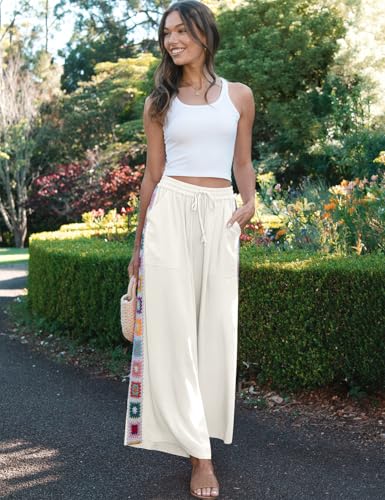 Image of TARSE Womens Wide Leg Linen Pants Summer Casual Drawstring Loose Lounge Palazzo Crochet Panel Pant with Pocket