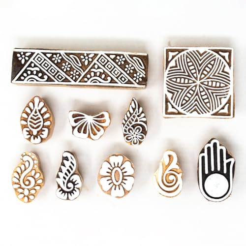 Image of Wooden Stamp Block, Printing Stamp Design Set | Block for Printing Saree Border | Dresses, Craft Card Making, Scrapbook, Clay Pottery | Set of 10