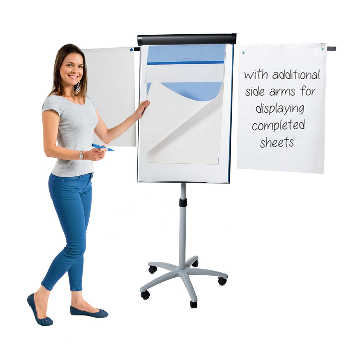 Metroplan Mobile Flipchart Easel, 1000 x 680 mm, Magnetic Whitboard, Grey Frame With Locking Castors & Extendable Arms - Ideal for Office, Classroom, Training Venues โ image 1