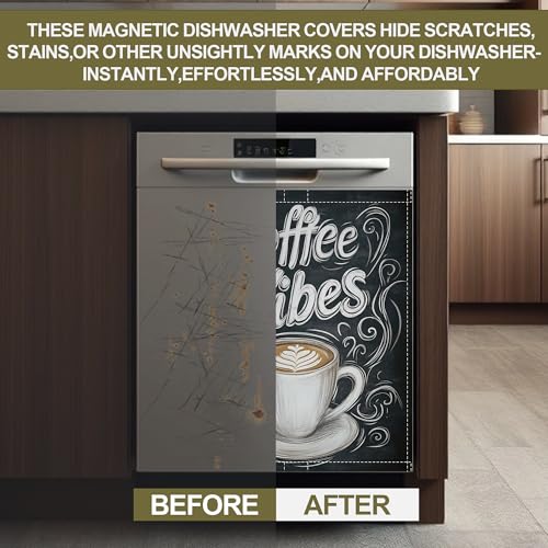 Image of Coffee Cup Words Dishwasher Magnets Decorative Cover,Coffee Vibes Magnet Fridge Panel Decal for Home Kitchen Decor,23x26 in