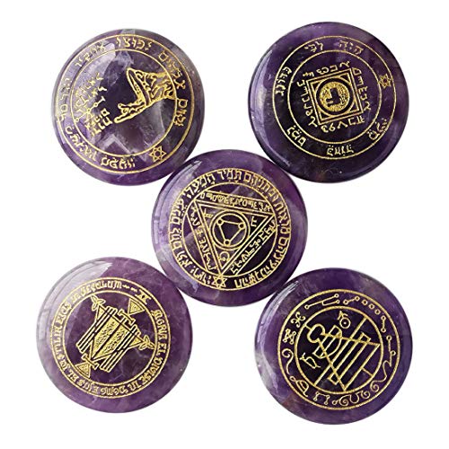 Lovionus89 Natural Amethyst Solomon Symbol Witches Rune Set, 5 Pcs Engraved Healing Crystal Chakra Stones for Meditation Divination - Image 2