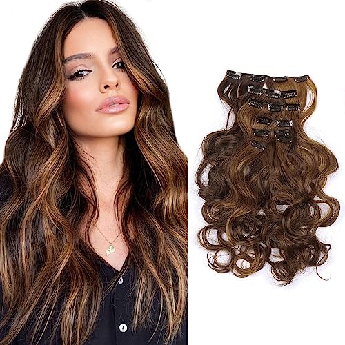 SARLA 7 Pcs Clip in Hair Extensions Synthetic Full Head Curly Wavy Hairpiece 20 Inch for Women Dark Brown/Golden Blonde