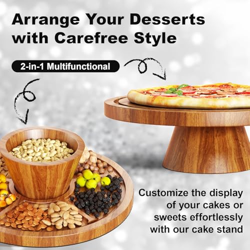 Acacia Wood Cake Stand with Lid, 2 In 1 Cake Stand Charcuterie Board with Lid, 12 In Round Wooden Cake Plate Display with Acrylic Cover Dome, Cake Holder Dish Tray for Party, Wedding, Birthday, Baking