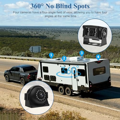 Image of RV Backup Camera System with 9'' IPS 4 Split Monitor with 4 Cameras, Side Front View Camera IR Night Vision Waterproof Backup Camera for RV, Trailer, Bus, Trucks BX94