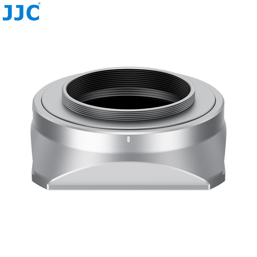 JJC Metalowa kwadratowa osłona obiektywu do FUJIFILM XF 23 mm F2.8 R WR Fuji XF27mm F2.8, osłona przeciwsłoneczna obiektywu aparatu z osłoną maski, zastępuje oryginalny Fujifilm LH-XF27, srebrna