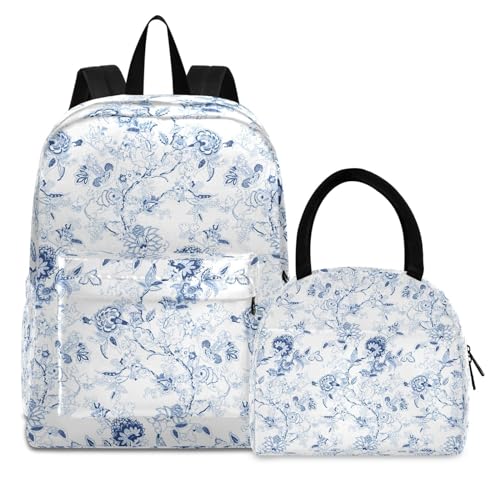 Blue White Floral Backpack for Kids, Girls Boys Lightweight Elementary Bookbag with Lunch Box