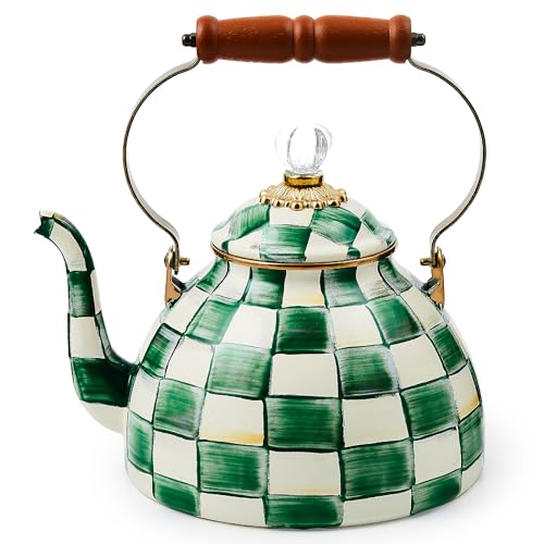 Image of MACKENZIE-CHILDS Tea Kettle, 3 Quarts, Green-and-White Emerald Check