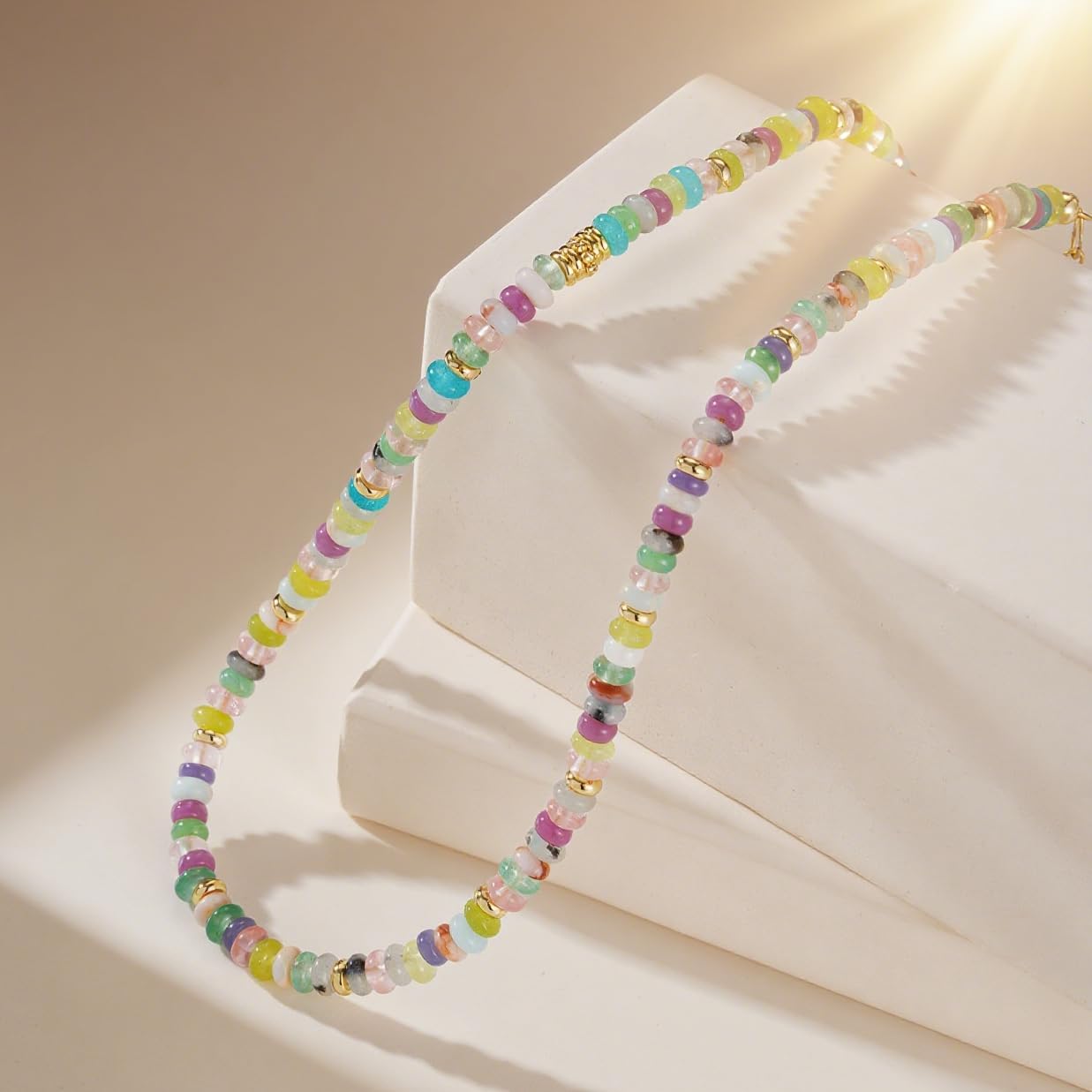 Handmade Boho Multi-Colored Gemstone Choker Necklace, 16" + 2" Extender, 18K Gold Plated, Rainbow Beaded Necklace for Women