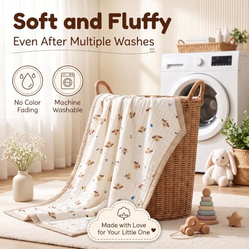 Image of StarAndDaisy Muslin Cotton Blanket 110 x 110 cm, Soft Lightweight Blanket with Cute Puppy Print, Breathable Muslin Wrap for Newborns, Infants and Toddlers.