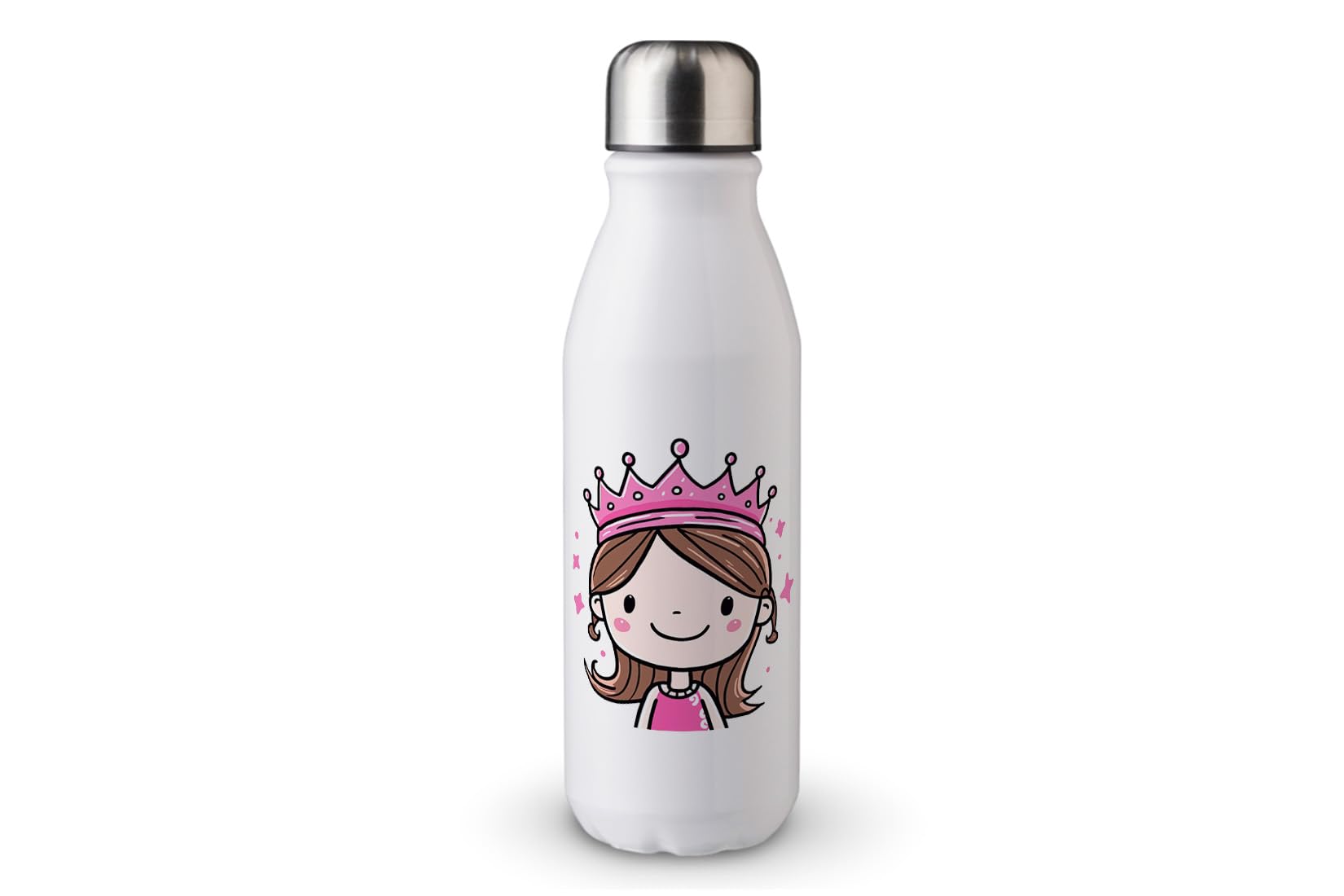 MAXIKIWI - Single Wall Water Drinking Bottle with Screw Cap, Non Insulated Lightweight Aluminium, BPA Free, Leak-Proof - Cute Princess With Tiara - 500ml