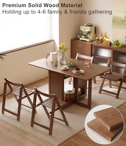 Image of AnywaysWood Folding Dining Table with 4 Foldable Chairs Set, Space Saving Extendable Solid Wood Drop Leaf Table for Kitchen Dining Living Room Small Spaces Simple Assembly