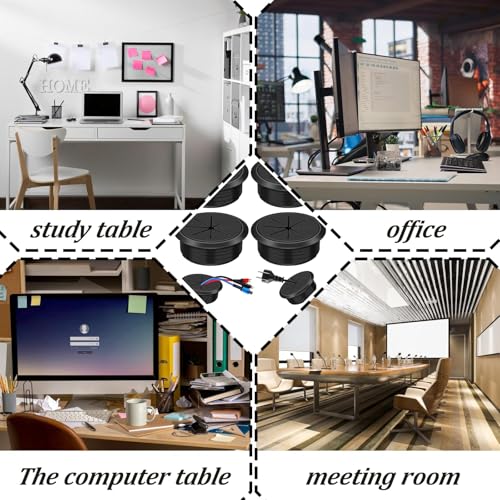 Image of 50 MM Desk Cable Grommets, ABS and Rubber, 4 Pieces, Black | Round 60 MM Covers With 40 MM Cable Opening And Removable Insert For Routing Wires Through Computer Desks And TV Cabinets