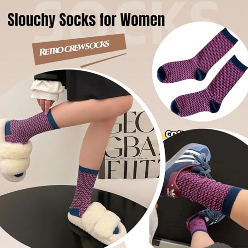 Image of Women Retro Colorful Socks, 3Pairs Slouchy Tube Quarter Crew Socks for Women Patterned Fall Knit Cotton Cute, Vintage, Fashion Size 5-9