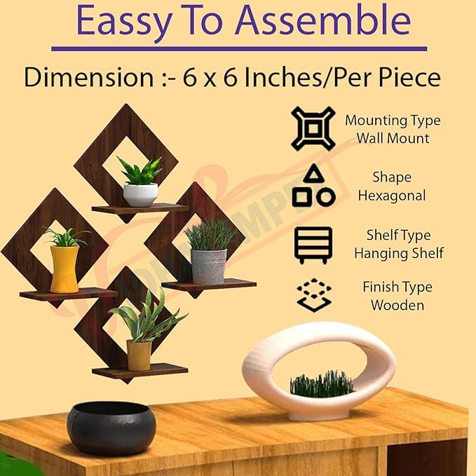 Image of Diamond Shape Wall Shelf with Artificial Potted Plants, Set of 7, Home Decor (Brown)