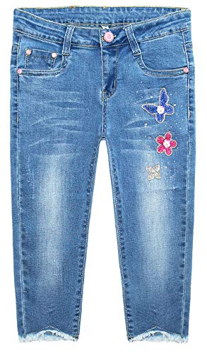 KIDSCOOL SPACE Kids Flowers Butterfly Rhinestone Sticked Pearl Decor Jeans Slim Jeans, Azul, 5-6 ano