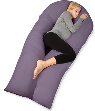 QUEEN ROSE Extra Long U Shaped Body Pillow, 65in Pregnancy Pillows for Sleeping, Full Body Support for Adults and Maternity Women, Cooling Sateen Cover, Purple and White