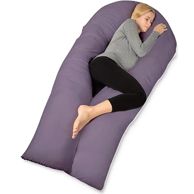 QUEEN ROSE Extra Long U Shaped Body Pillow, 65in Pregnancy Pillows for Sleeping, Full Body Support for Adults and Maternity Women, Cooling Sateen Cover, Purple and White